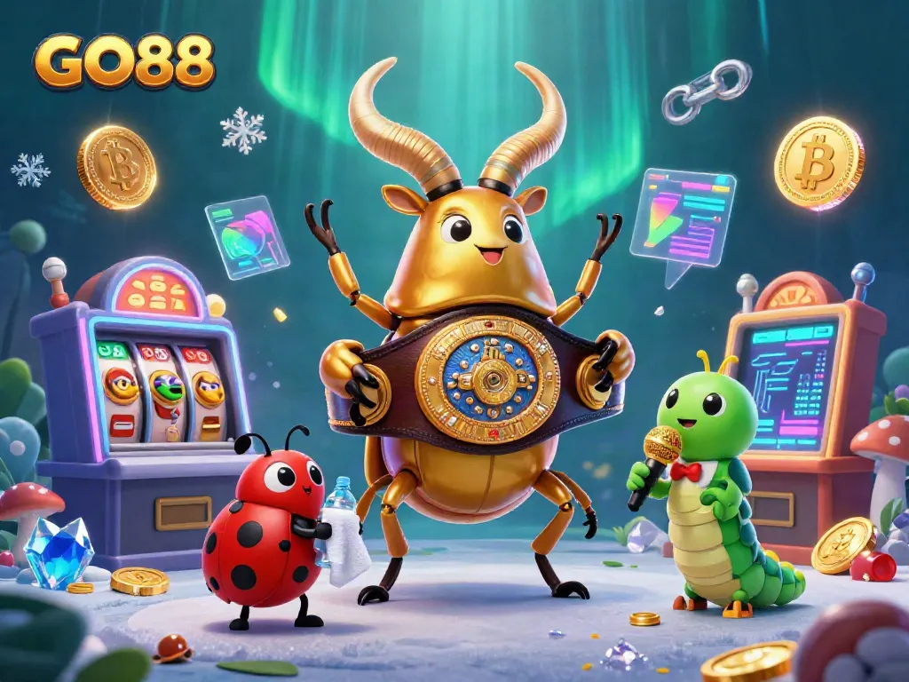 Experience the excitement of GO88 with vibrant slot machines, neon lights, and energetic characters in an immersive 3D scene.