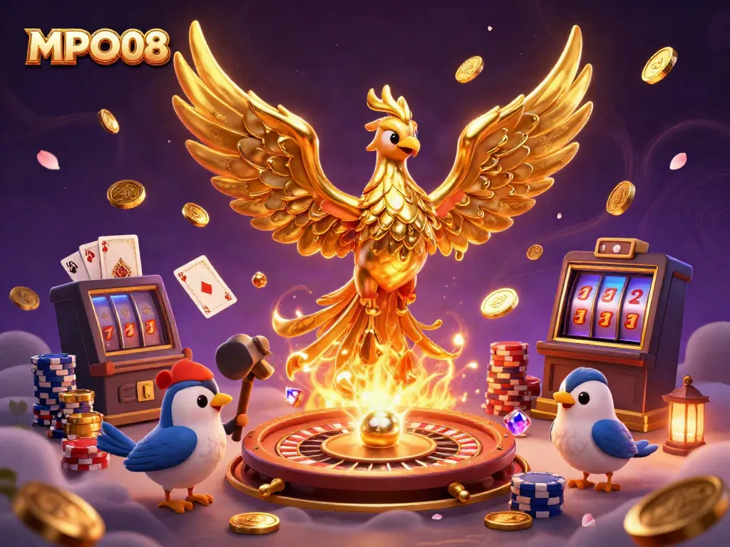 Experience thrilling MPO08 casino action with a molten golden phoenix and dynamic gaming elements.