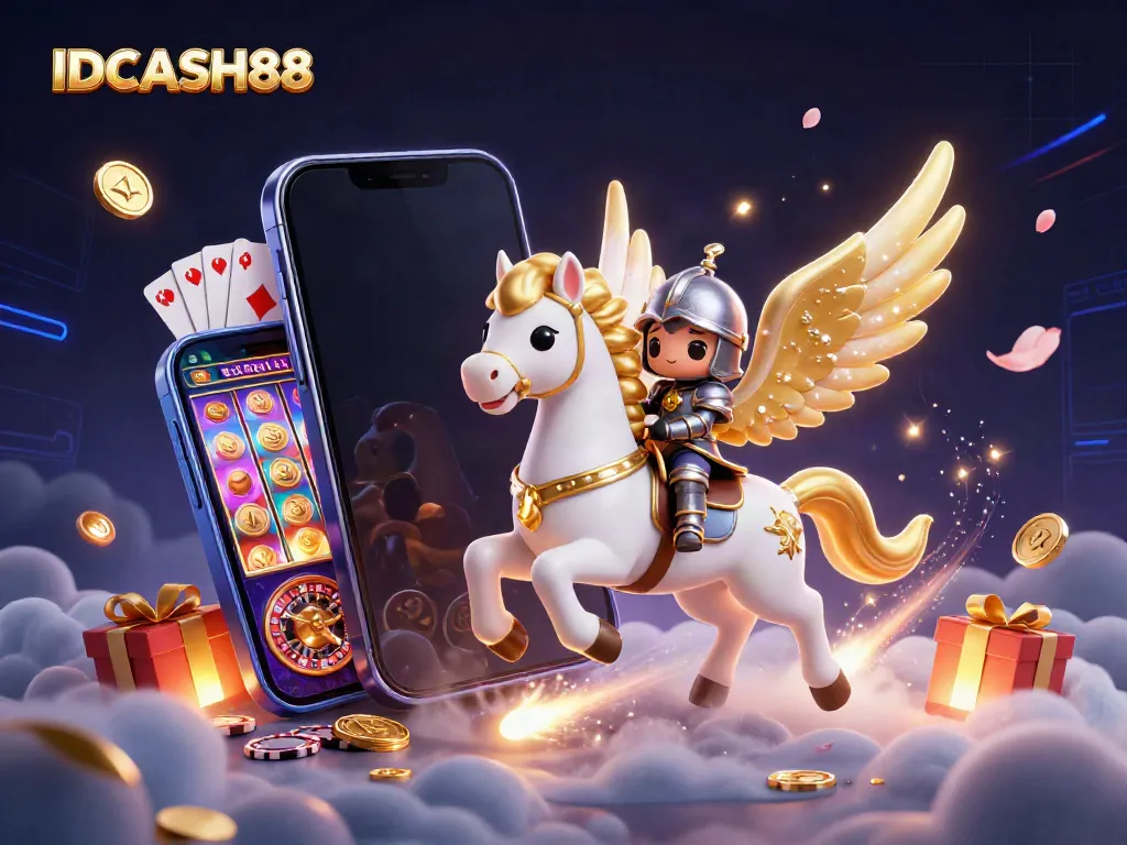 Engage in thrilling gameplay on IDCASH88 with a celestial horse and knight amidst casino imagery.