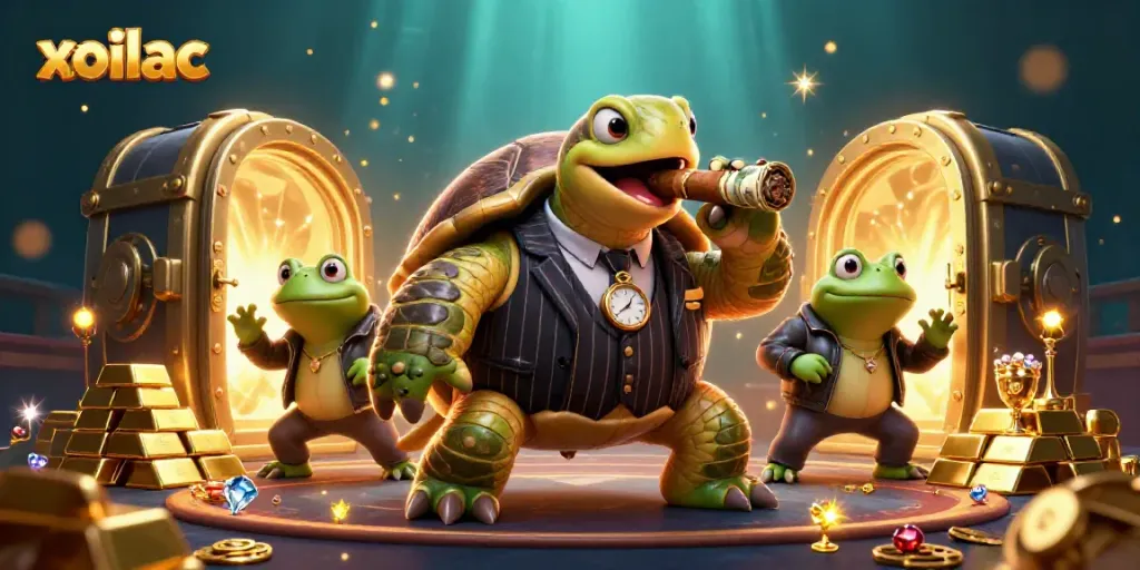 Engage with the thrilling atmosphere of xoilac featuring a snapping turtle mobster and bullfrog enforcers amidst golden treasures.