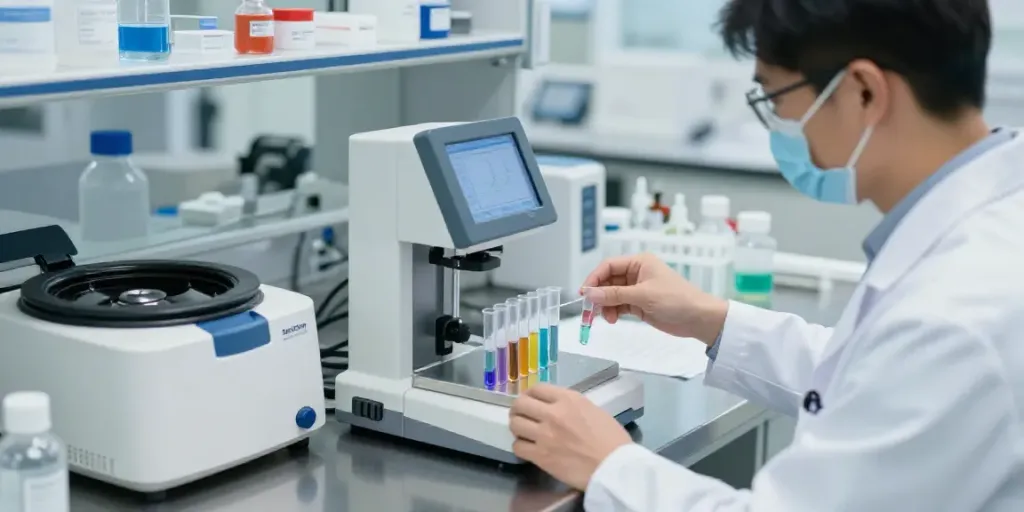 Scientist analyzing SwissChem peptides in a modern lab.