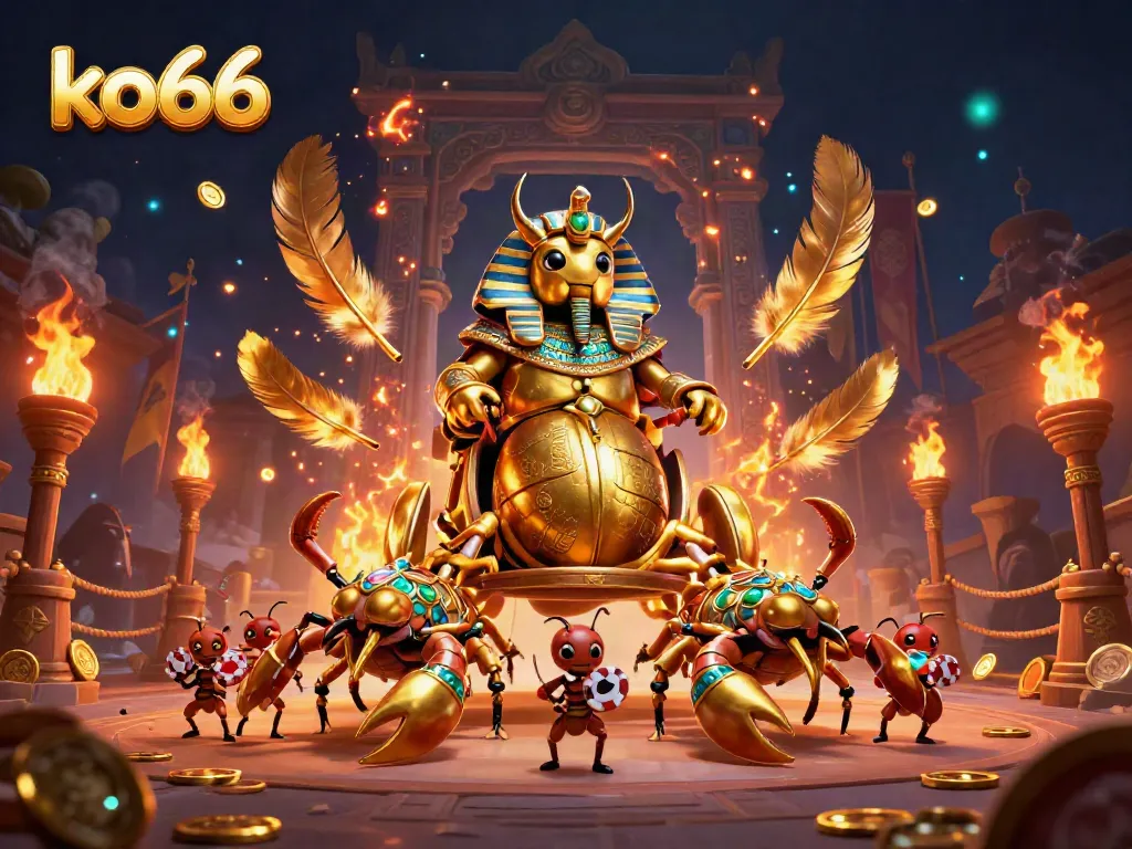 Engage in thrilling battles at ko66 with a golden scarab beetle amidst vibrant casino elements.