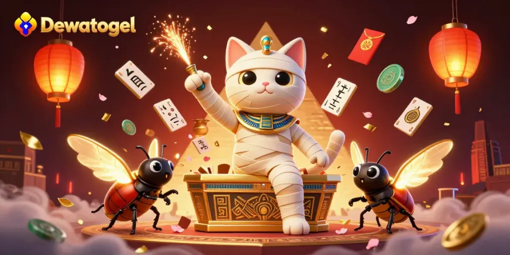 Dewatogel offers a dynamic gaming scene featuring an Egyptian mummy cat along with vibrant casino elements.