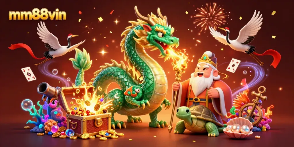 Engage with mm88vin's thrilling casino experience featuring vibrant characters amidst an explosion of gold and gems.
