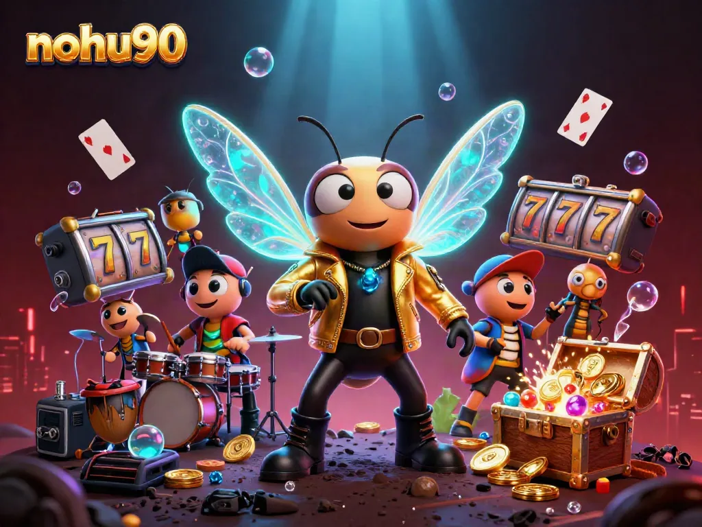 Experience thrilling wins at nohu90 with dynamic slot reels and energetic characters in a vibrant casino scene.