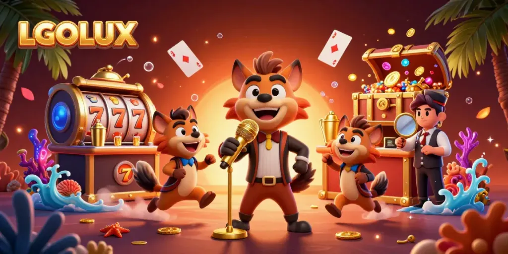 Experience thrilling fun at LGOLUX with vivid casino characters entertaining at a vibrant gaming club.