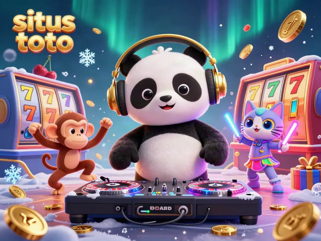 Situs toto casino scene featuring a DJ panda, dancing monkey, and glowing kitten amidst vibrant slot game elements and dynamic action.