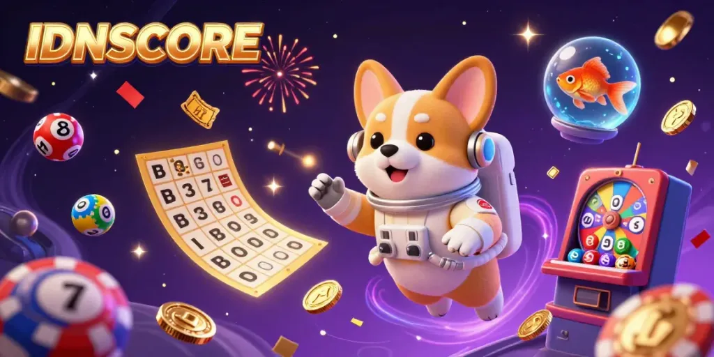 IDNSCORE showcases an astronaut corgi in a space station casino, highlighting engaging gambling action.