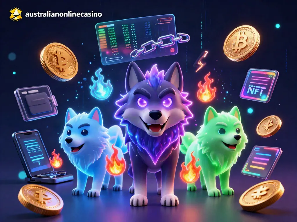 AustralianOnlineCasino showcases a 3D cartoon wolf trio among Bitcoin and Ethereum coins representing online gambling excitement.