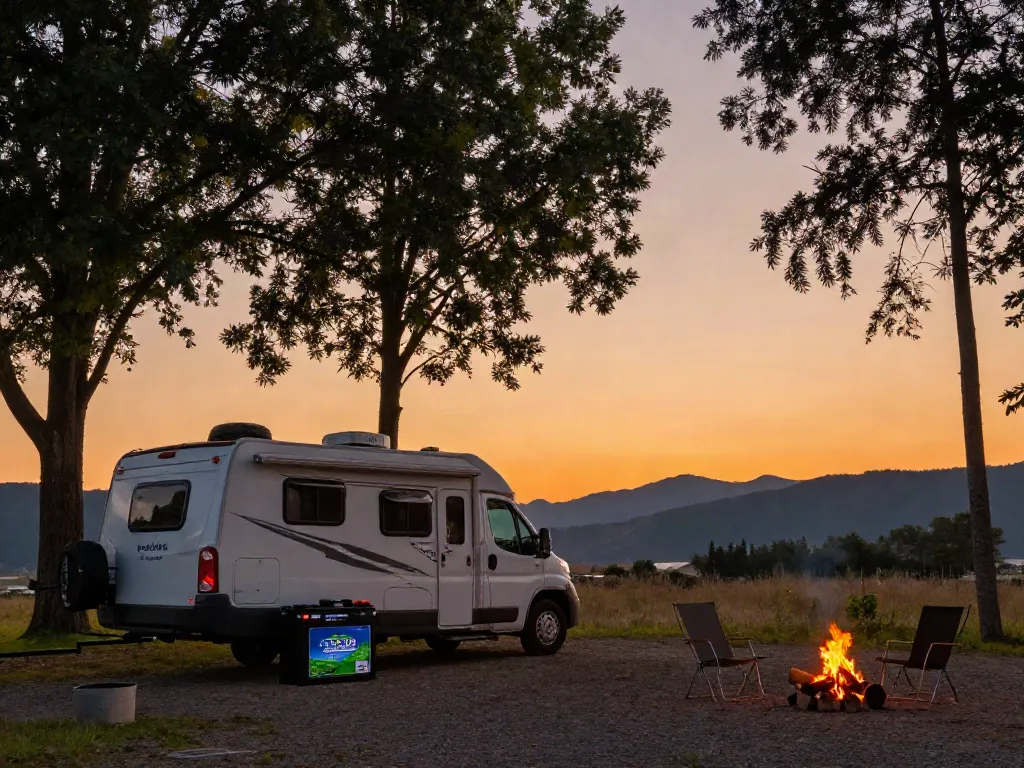 RV lithium battery at sunset campsite with camper van and mountains.