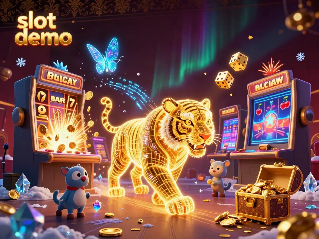 Play slot demo with this neon-wireframe tiger and dynamic casino scenes and symbols.