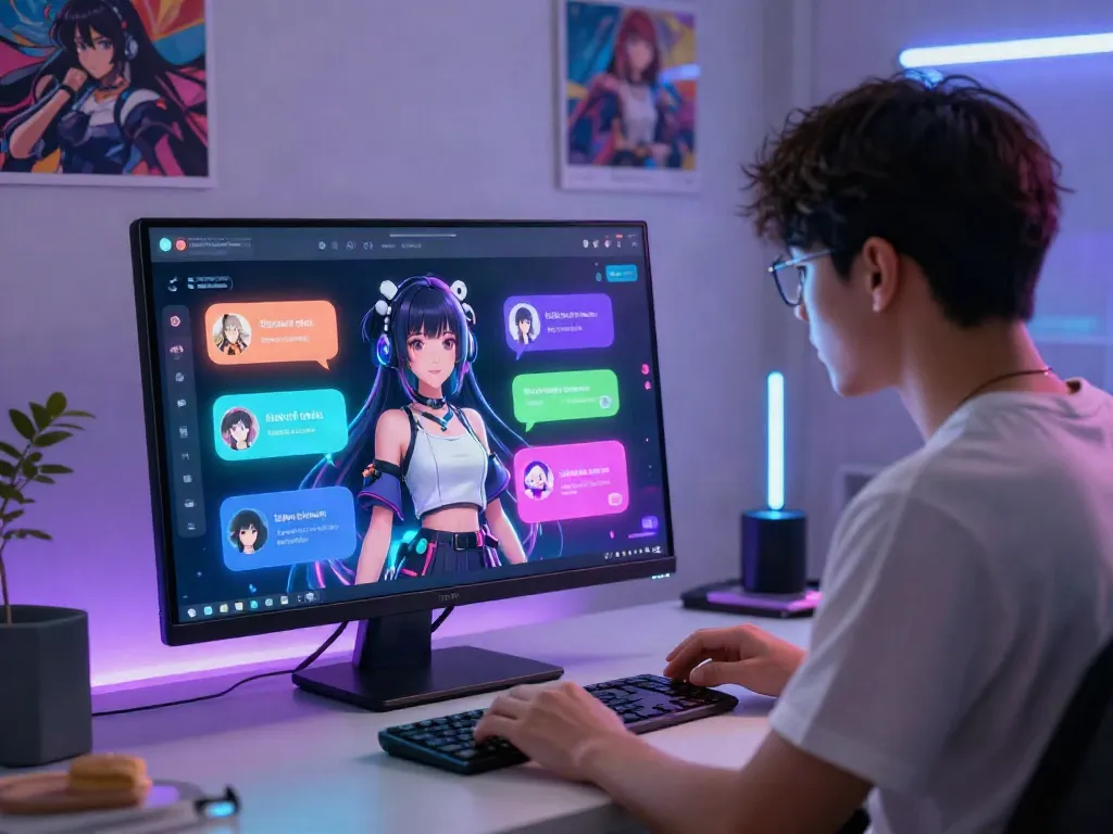 Interactive hentai AI chat scene showing a user engaging with a virtual anime character, colorful chat bubbles, and glowing icons.