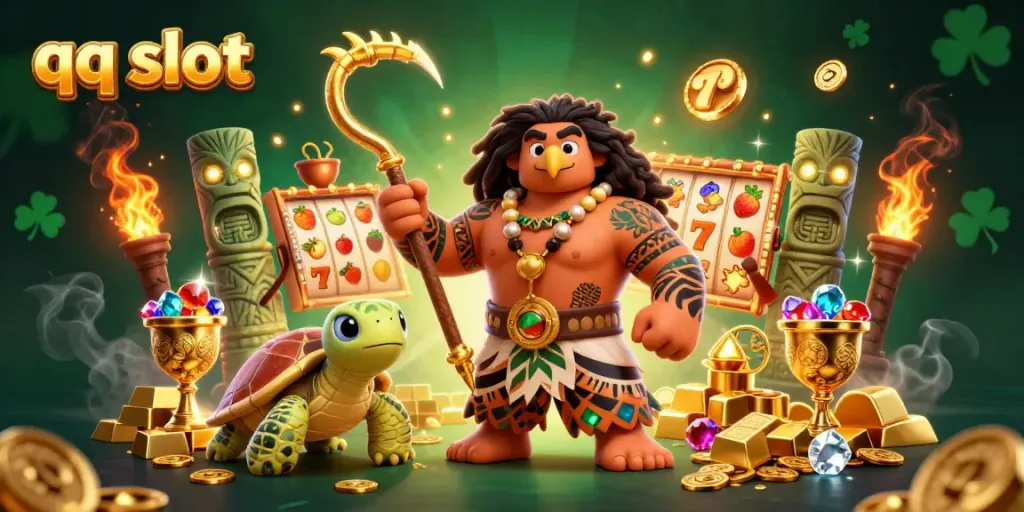 Experience the thrill of the qq slot as a demigod and turtle explore a vibrant treasure scene.