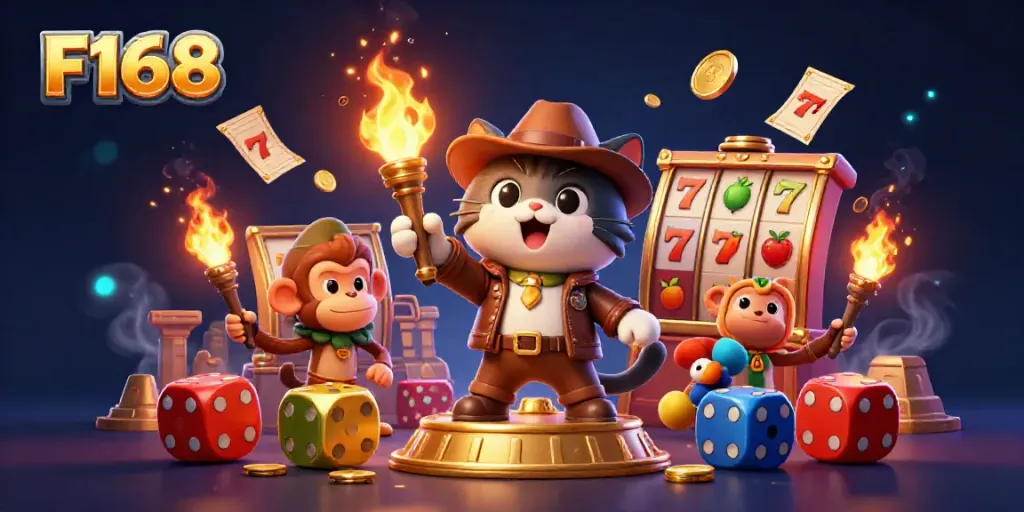 F168 showcases a thrilling scene with a cat and monkey discovering golden casino artifacts amidst dynamic slot elements.