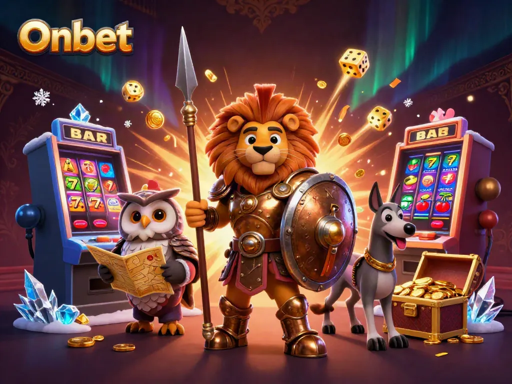 Engage with Onbet’s thrilling jackpot experience featuring a lion, owl, and greyhound amidst a vibrant casino atmosphere.